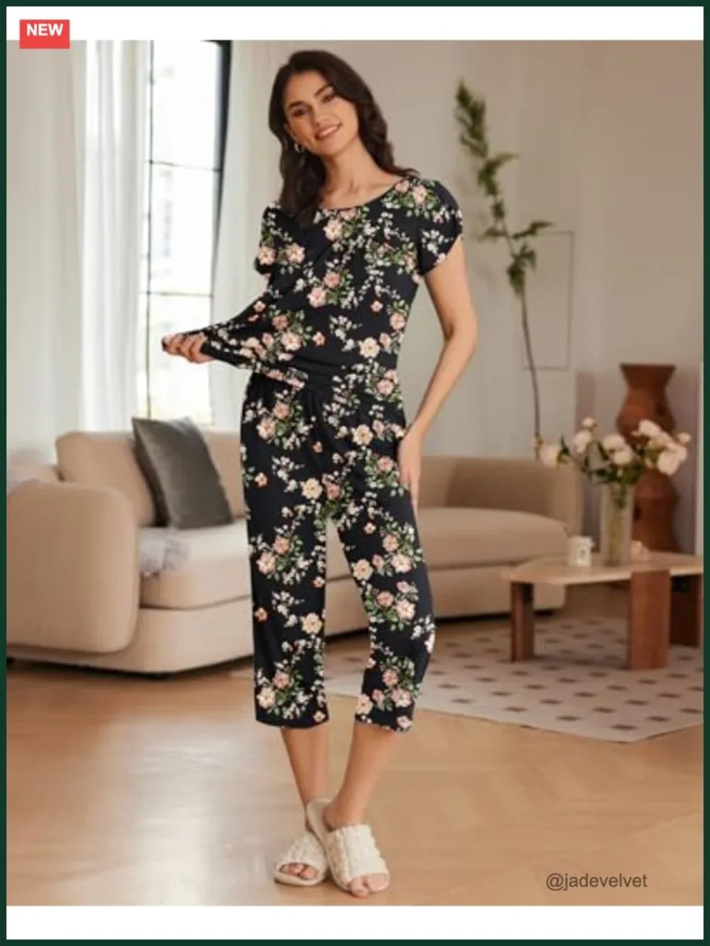 Capri Pajama Set Short Sleeve Mumu Pleated Top Capri Pants with Pockets